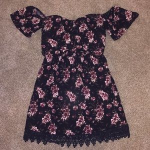 Black and maroon floral off the shoulder dress